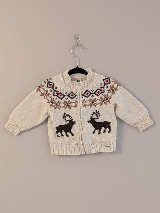 2/$20 💚 babyGap Holiday 2007 Reindeer Fair Isle Zip Sweater | 6-12M - Picture 1 of 7
